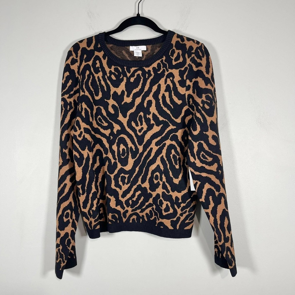 H by Halston Crewneck Animal Print Sweater Black Camel Classic Dressy Tailored